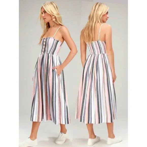 Free People Lilah Multi Striped Pleated Button Front Midi Dress Women's Small - Picture 4 of 12